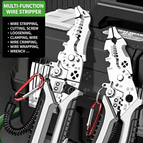 Heavy Duty Stainless Steel Wire Strippers And Cutting Pliers With Precision Notches for clean insulation removal, featuring clamps and multiple functions.