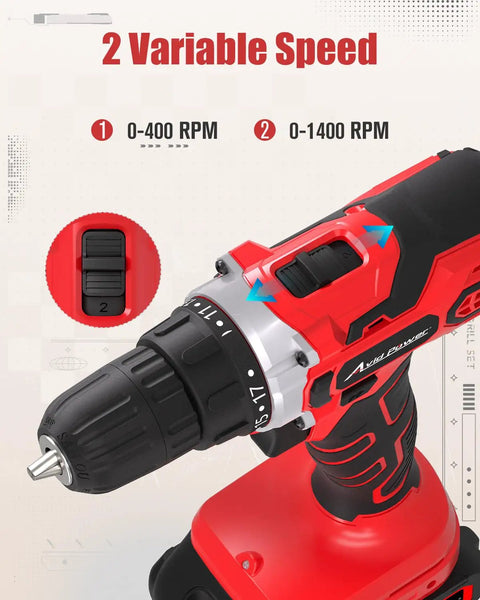 Close-up of 20V Max Cordless Drill Kit with 3/8-Inch Keyless Chuck and variable speed settings visible on the side handle