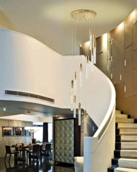 81 Inch High Ceiling Crystal Chandelier With 12 Lights, LED Gold Foyer Pendant, showcased in modern villa staircase setting