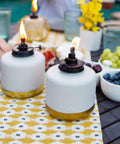 Adjustable Flame Glass Votive Table Top Torch For Outdoor Yard Patio And Deck, Gold Dipped Gray Lantern, On Table with Food