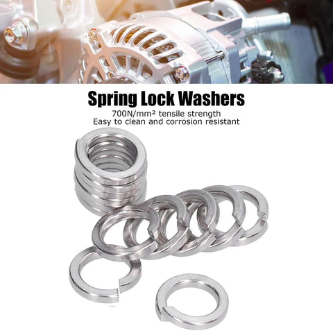150 Piece Spring Lock Washers Kit A2 70 Stainless Steel Marine Grade Split Square Washers For Automotive DIY Construction Engineering And Home Repair Projects M3 To M5 close-up of split washers
