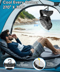 Portable Rechargeable Camping Fan With 20000mAh Battery hanging in tent with 270° angle above person lying on mat