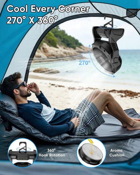 Portable Rechargeable Camping Fan With 20000mAh Battery hanging in tent with 270° angle above person lying on mat