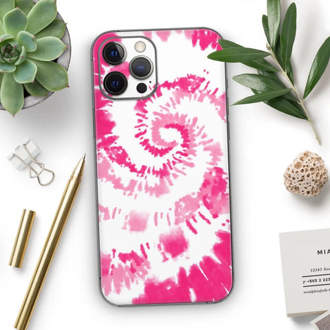 iPhone 11 Full Body Skin Decal Wrap Kit Spiral Tie Dye V6 with bubble-free install, shown on phone with pink spiral pattern