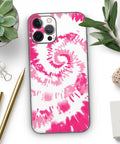 Spiral Tie Dye iPhone 17 Full Body Skin Wrap Kit With Bubble Free Air Release Adhesive Snug Soft Touch Fit No Bulk Protection Easy Install Durable Vinyl Decal For A Sleek Head Turning Look V6 on phone with pink and white tie-dye pattern.