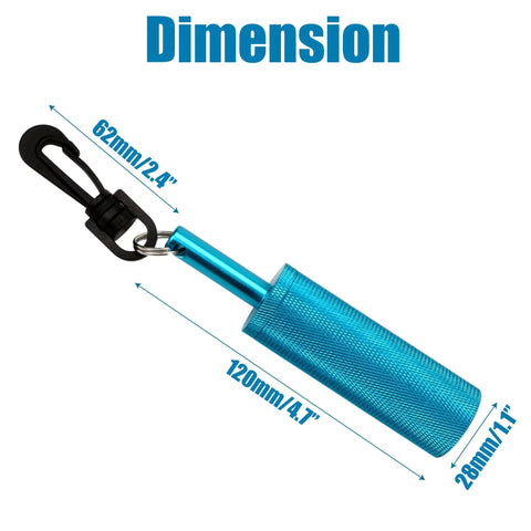 Underwater Signal Rattle Stick For Scuba Diving With Clip, Loud Audible Alert From Steel Balls, Compact Aluminum Alloy Noise Maker For Dive Safety And Snorkel Gear dimensions shown.