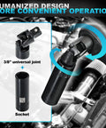 50 Piece 3/8 Inch Drive Socket Set With Both SAE And Metric, showing universal joint and socket in use on engine