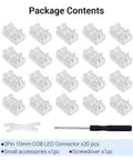 Top Shelf 10mm Cob Led Strip Connector Clips Two Pin Solderless Wire Adapter Terminal Extender For 5V 12V 24V Single Color Lights Zero Sweat Setup Quick Snap Fit Twenty Piece Grab Bag showing 20 clear connectors and accessories.