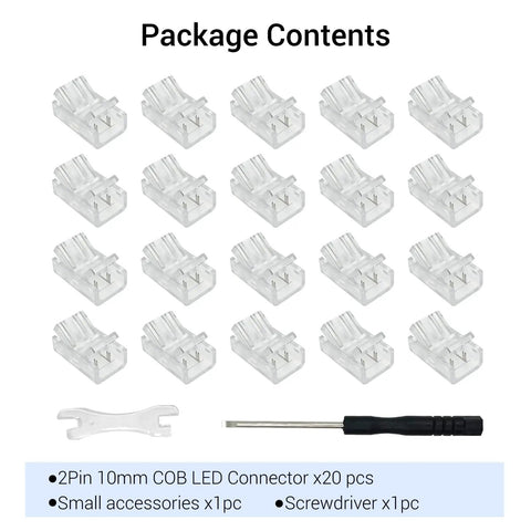 Top Shelf 10mm Cob Led Strip Connector Clips Two Pin Solderless Wire Adapter Terminal Extender For 5V 12V 24V Single Color Lights Zero Sweat Setup Quick Snap Fit Twenty Piece Grab Bag showing 20 clear connectors and accessories.