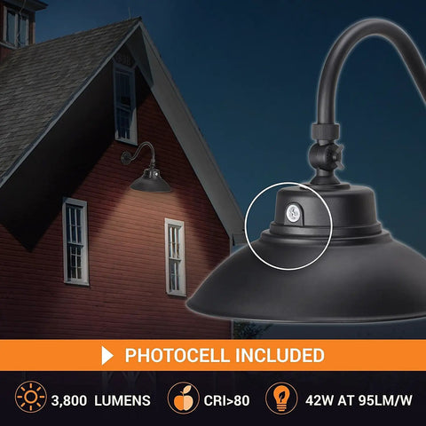 2 Pack 14 Inch Black Gooseneck Barn Light LED Fixture For Indoor And Outdoor Use With Photocell Swivel Head 42W