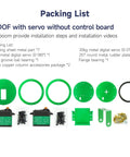 Yahboom 2-DOF pan-tilt kit components: two green mounting plates, two metal servos, brackets, screws, ring.