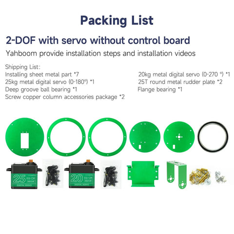 Yahboom 2-DOF pan-tilt kit components: two green mounting plates, two metal servos, brackets, screws, ring.