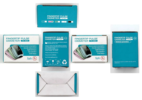Rechargeable Pulse Oximeter With Fast SpO2 And Pulse Rate Readings In Five To Eight Seconds, packaging front and back view.