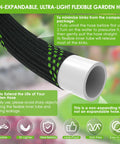 FlexiSolve garden hose, 100 ft, non-expandable, black braided exterior with green highlights and white end connector.