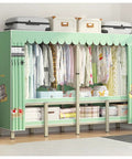 Slick Foldable Garment Rack With Dual Hanging Rods Roomy Storage Shelves Portable Closet Wardrobe With Dust Cover Heavy Duty Clothing Organizer Rig For Bedroom Keep Your Drip Neat with clothing and storage bins.