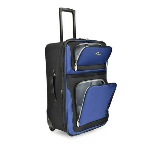 Luggage: U.S. Traveler New Yorker expandable rolling suitcase in blue and black, front view with extended handle