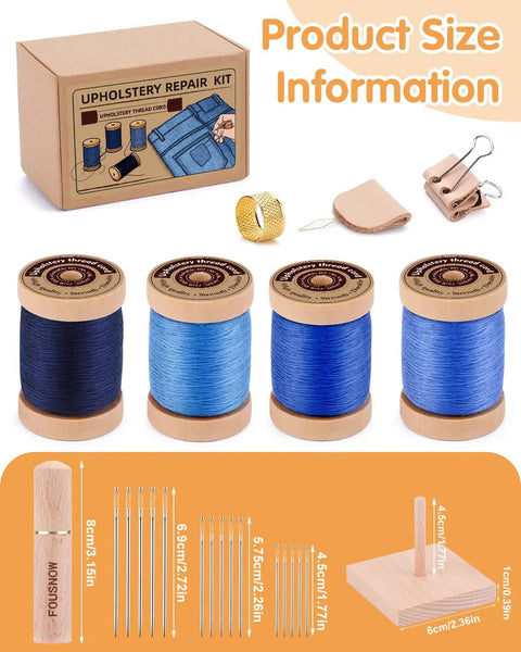 Heavy Duty Upholstery And Denim Repair Kit With Blue Sewing Threads For Home DIY Fixes Jeans Jackets Bags Shoes Wallets Includes 4 thread rolls, needles, thread rack, and tools.