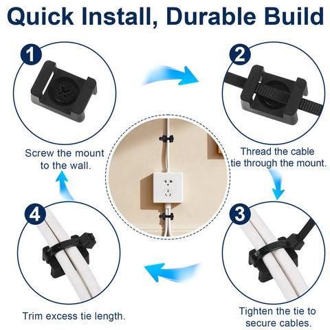 Heavy Duty Cable Zip Tie Mounts Kit With 60 Packs Of 8 Inch Nylon Ties, 5M Screws, And Wall Desk Fasteners setup guide