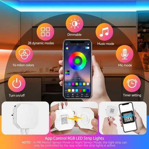 Motion Sensor RGB LED Light Strip Kit Two Strips Each Nine Point Eight Feet Long With Remote And App Control Music Sync