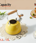 Top view of Yellow 1.6 Quart Tea Kettle With Cool Touch Wooden Handle Food Grade Stainless Steel Stovetop Teapot Whistling Kettle on table.