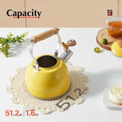 Top view of Yellow 1.6 Quart Tea Kettle With Cool Touch Wooden Handle Food Grade Stainless Steel Stovetop Teapot Whistling Kettle on table.