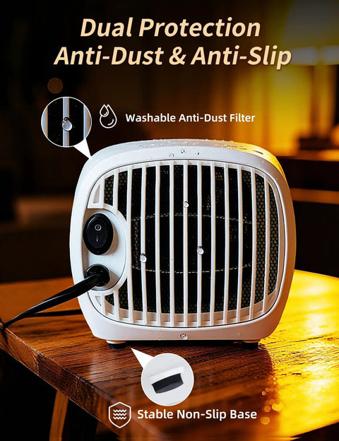 Compact 1200W Space Heater with Magnetic Remote Cranking Heat, white, features dual protection, washable filter, anti-slip base.
