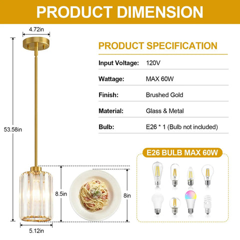 Straight Up Three Pack Brushed Gold Crystal Pendant Lights For Kitchen Islands dimensions and specifications with glass and metal details.