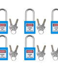 Blue LOTO Locks Set Five Pack With Keyed Different Locks, Two Keys Per Lock, OSHA Compliant Safety Padlocks displayed with keys