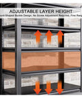 Heavy Duty 5 Tier Steel Shelving Unit With A Slick Boltless Setup And Flexible Shelf Configurations Designed For Gritty Garages, showing adjustable height features.