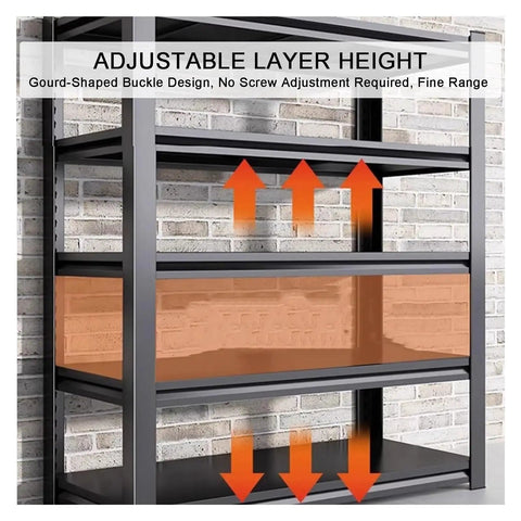 Heavy Duty 5 Tier Steel Shelving Unit With A Slick Boltless Setup And Flexible Shelf Configurations Designed For Gritty Garages, showing adjustable height features.