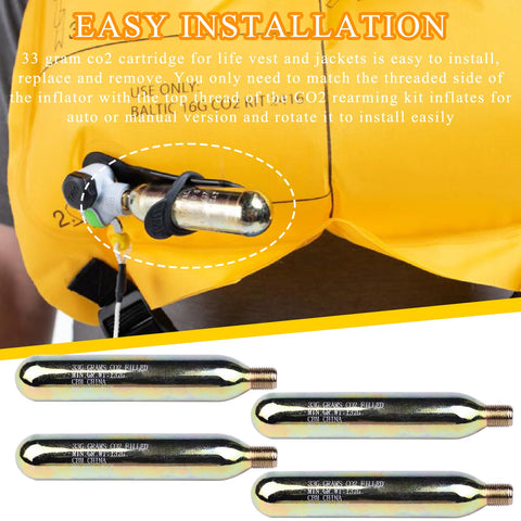 Rearming CO2 Cylinder Kit for Auto and Manual Inflatable Life Jackets and Vests 33 Gram Cartridges One Half Inch Thread Four Pack PFD Accessories Replacement next to life jacket.