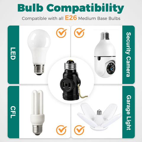 E26 To Dual Prong Outlet Adapter With Pull Chain On Off Switch For Light And Power Standard E26 Base To Two Outlet Splitter Black 2 Pack DIY Friendly Easy Install UL Listed No Wiring compatibility chart