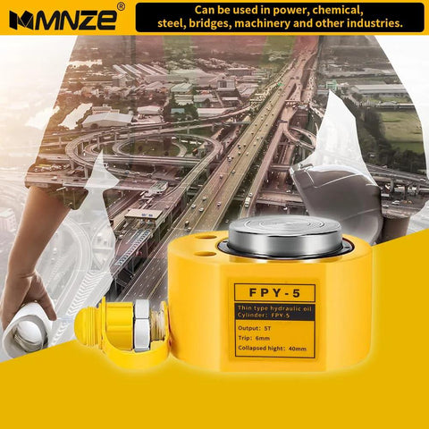 MMNZE FPY-5 5T yellow mini hydraulic jack with 6mm stroke and metal body.