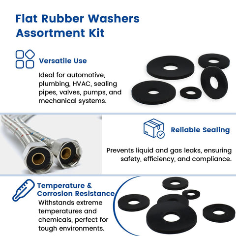Flat Rubber Washers Set 160 Pcs 8 Sizes 10 To 30mm Heavy Duty Black Rubber Washers displayed with application icons and uses.