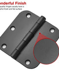 Close-up of Matte Black 3.5 Inch Door Hinge Set 18 Pack Interior Hinges With Five Eighths Radius Corners, six holes shown