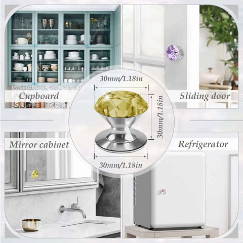 4 Piece Yellow K9 Crystal Self Adhesive Cabinet Knobs Drill Free Drawer Pulls Peel And Stick Mirror Hardware showcased on various surfaces.