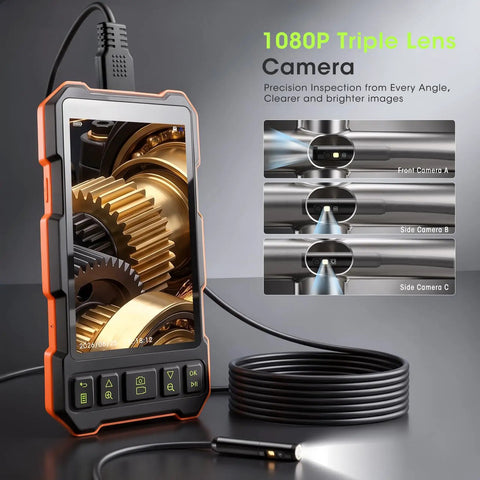 Triple Lens Endoscope For Auto And Home Repairs Engine Drain Inspection HD Waterproof Camera With IP67 Rating Great For Plumbing HVAC And DIY Diagnostics Pro Grade Sewer And Drain Inspection Tool, 5-inch display