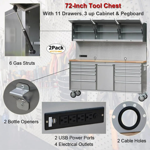 Two Pack 72 Inch High Rolling Tool Chest With 11 Spacious Drawers And 3 Secured Cabinets For Garage featuring USB ports and bottle openers.