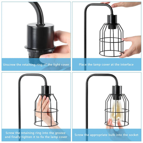 Industrial Bedside Lamp Set Of 2 With USB Ports And Built In Outlet assembly steps with cage shade installation