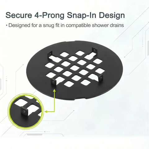 Secure 4-Prong Snap-In design of Slick Matte Black Stainless Steel Shower Drain Cover, suitable for shower drains.
