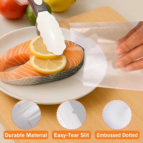 Pro Grade Precut Quart Vacuum Sealer Bags for Food, BPA Free 8 By 12 Inch, shown sealing salmon with lemons
