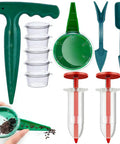 Mini Seed Spreader Set For Easy No Mess Even Planting, 12 Pack Handheld Seed Sower Kit with green plastic tools and dibbers