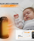 Portable Electric Heater For Indoor Use With Three Heat Modes And Thermostat, 12 Hour Timer next to sleeping baby, quiet operation