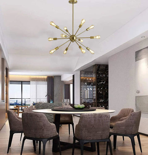 Twelve Light Sputnik Chandelier Modern Semi Recessed Ceiling Fixture Gold For Kitchen Living Room Dining Room Hallway Industrial Vintage Pendant Lighting With Adjustable Poles And Bulb Not Included in dining room