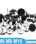 Threaded Leveling Feet Set for Furniture Legs, Adjustable Levelers with M6 M8 M10 threads, shown in 4 piece set, rust resistant