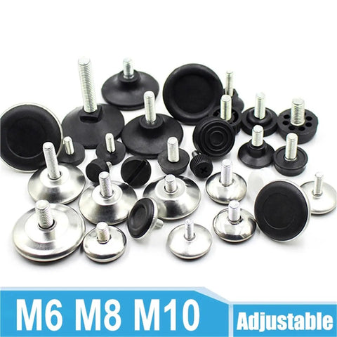 Threaded Leveling Feet Set for Furniture Legs, Adjustable Levelers with M6 M8 M10 threads, shown in 4 piece set, rust resistant
