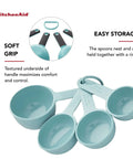 Aqua Sky Measuring Cups Set Of Four With One Quarter, One Third, One Half, And One Cup Sizes, Easy Read Markings, Soft Grip Handles