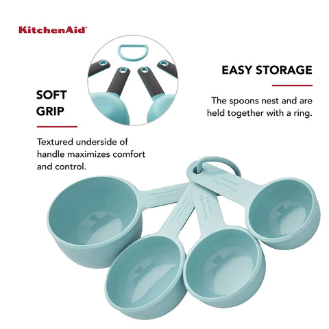 Aqua Sky Measuring Cups Set Of Four With One Quarter, One Third, One Half, And One Cup Sizes, Easy Read Markings, Soft Grip Handles