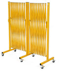 Worksite Tough Heavy Duty Steel Traffic Barricade With Smooth Glide Wheels And No Fuss Scissor Safety Gate For Contractor Jobsite Crowd Control Perimeter Cording, yellow steel, expanded view.
