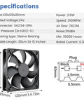 Diagram shows 120mm PC Case Fan 24V DC Brushless Cooling High Airflow 74CFM At 2100RPM Quiet 26dBA with specifications and measurements